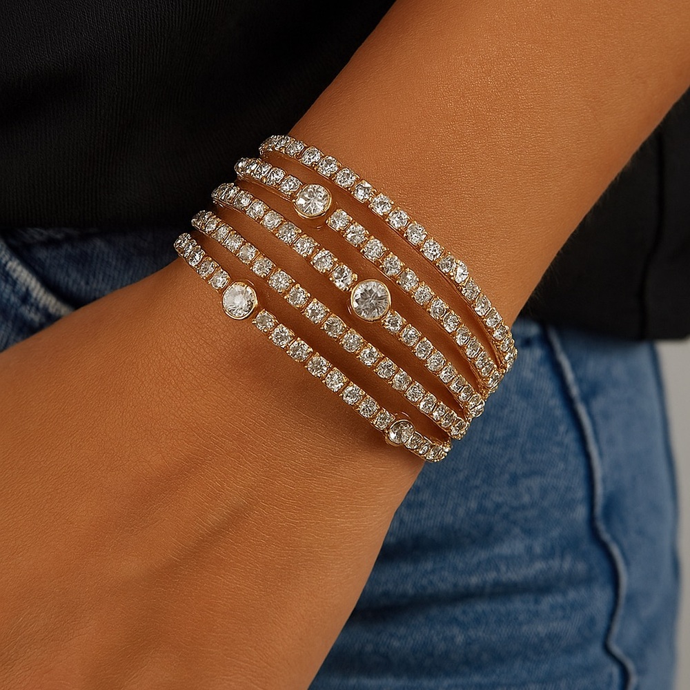 Shiny Rhinestone & Crystal Bracelet – Multi-Layer Gold Cuff (2.25”)